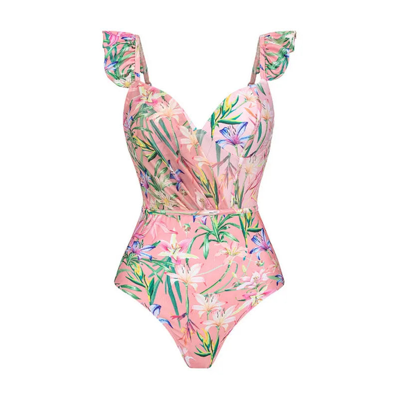Women Swimwear Summer Floral Printed V-neck Swimsuit One-piece Bodysuit Bikini Set Beach Style Wear Maxi Dress Skirt Vacation
