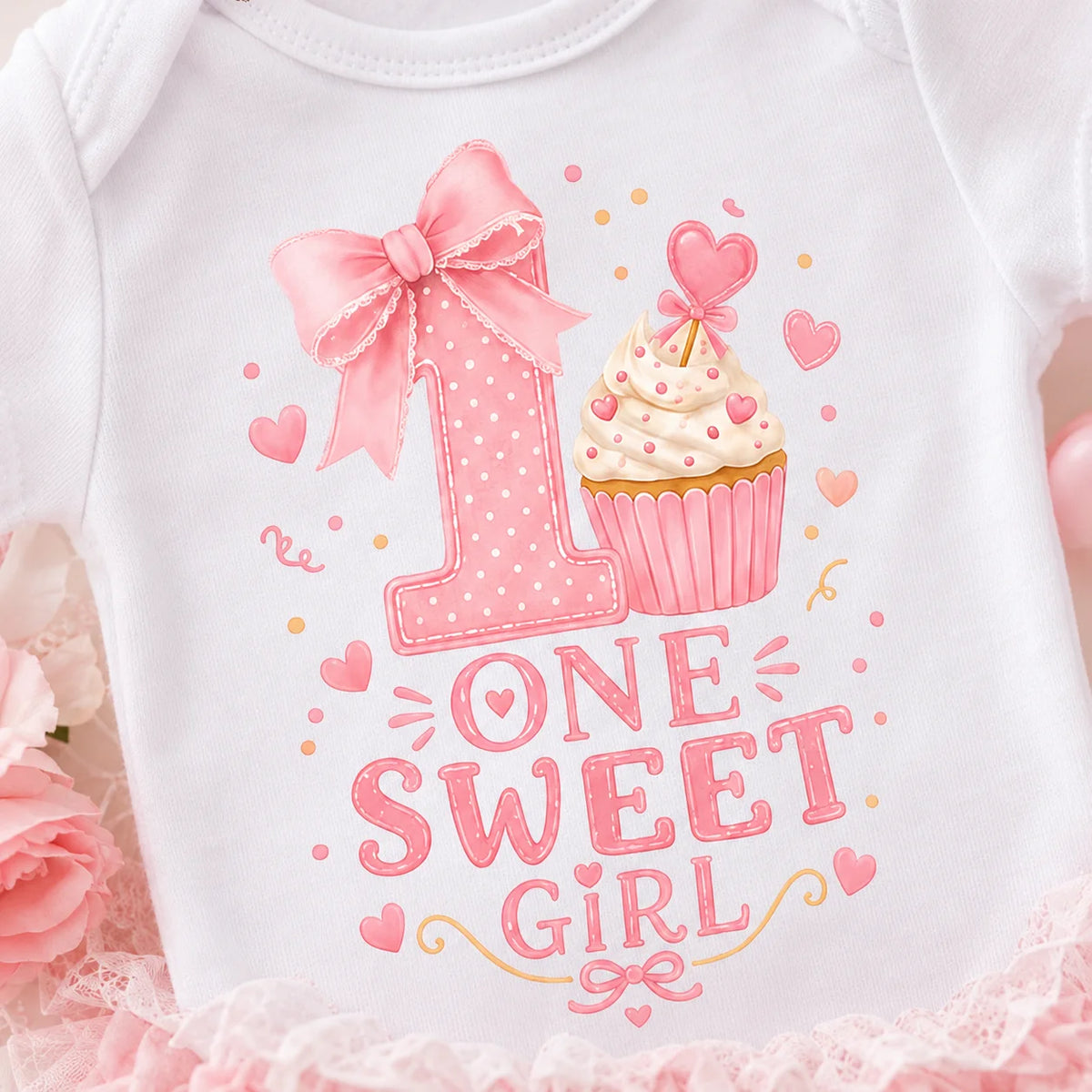Baby Girl 1st Birthday Outfit One Sweet Girl Cupcake Print Short Sleeve Bodysuit Pink Lace Tutu Skirt 2Pcs Cake Smash Photo Shoo