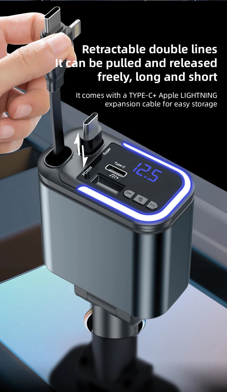 5 IN 1 180W Retractable Car Charger Bluetooth 5.0 FM Transmitter Fast Phone Charger Handsfree Call U-disk Aux with LED Light