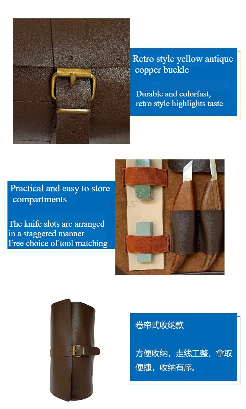 Woodworking Tools Professional Square Handle Woodcarving Vintage Leather Set 12 Pieces Furniture Detail Relief Project Essential