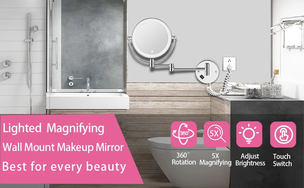 Brushed Gold LED Makeup Mirror with Brass Folding Bathroom Mirrors of 8 Inch 3X 5X Maynifying Makeup Mirror Dual Face LED Mirror