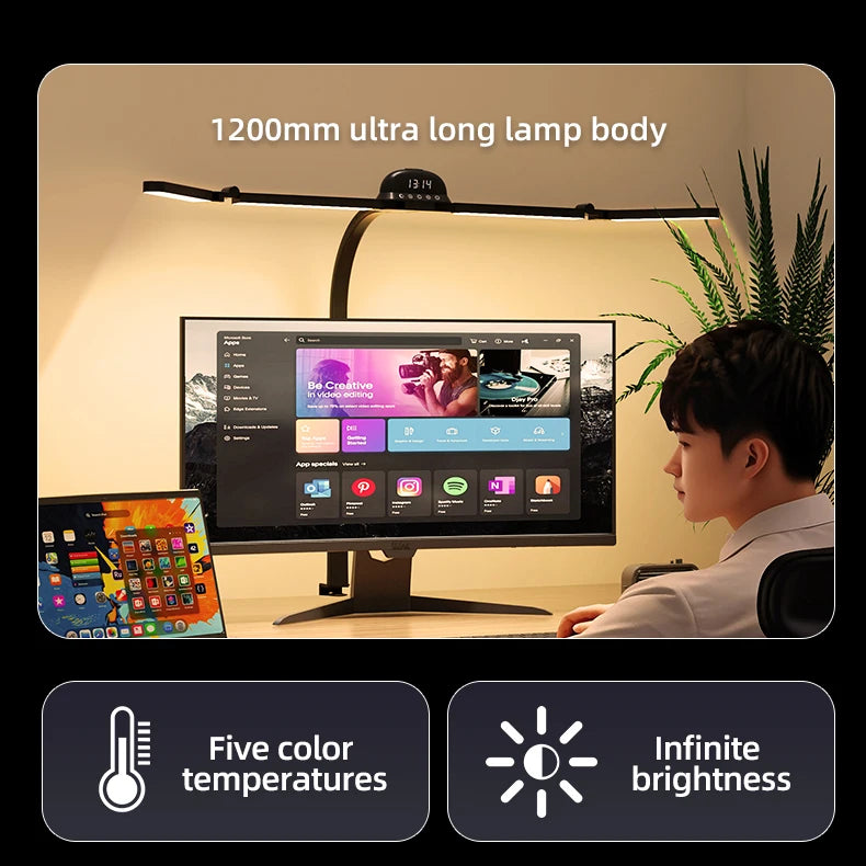 LED Full Spectrum Eye-Caring Architect Desk Lamp with Clamp Flexible Gooseneck 120cm Foldable 4-Head Stepless Dimming Lamp