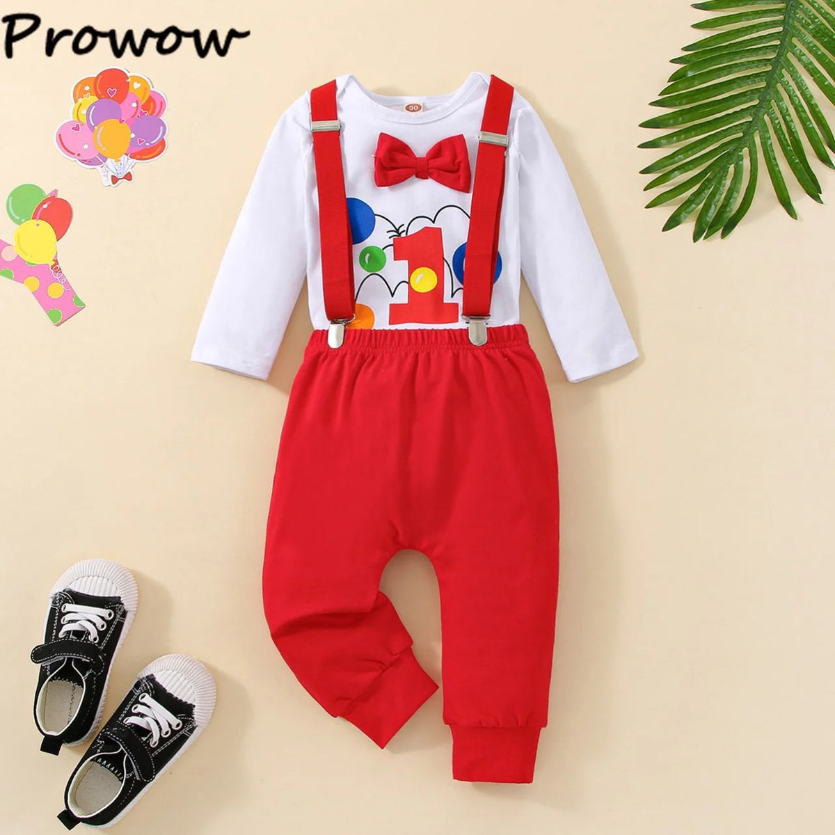 Prowow Baby Boy Cake Smash Outfits Balloon Letter"1" Romper and Y-back Strap Pants 3pcs Sets Baby Boy One Year Birthday Clothes