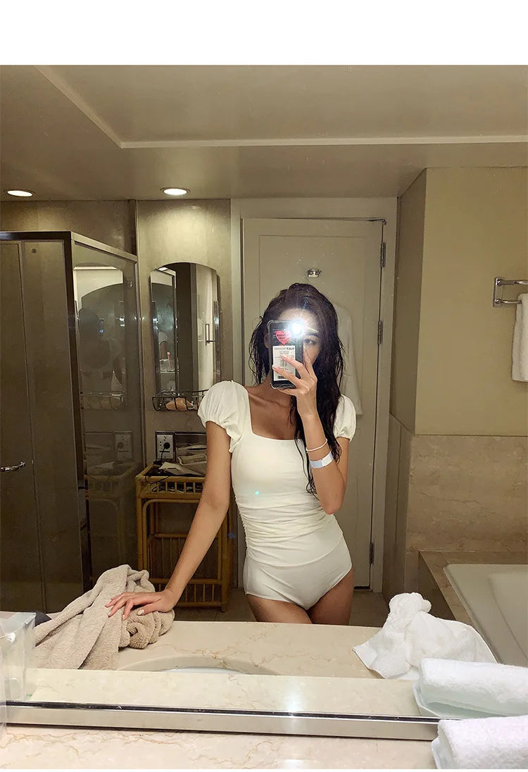 Slimming One-Piece Swimsuit Women's High-End Bubble Sleeve Square Collar Thermal Vacation Bodycon Sexy Pure Color Swimwear