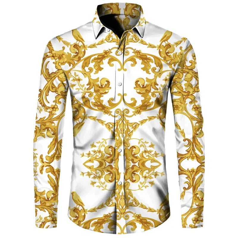 2024 New Luxury Golden Flower Chain 3D Print Men Lapel Button Shirts Long Sleeve Shirt Casual Mens Designer Clothing Streetwear