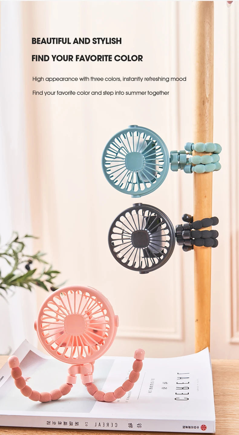 Baby Stroller Octopus Fan Anti Pinch Hand 3-speed Small Night Light USB Mini 3-speed Charging Small Fan
