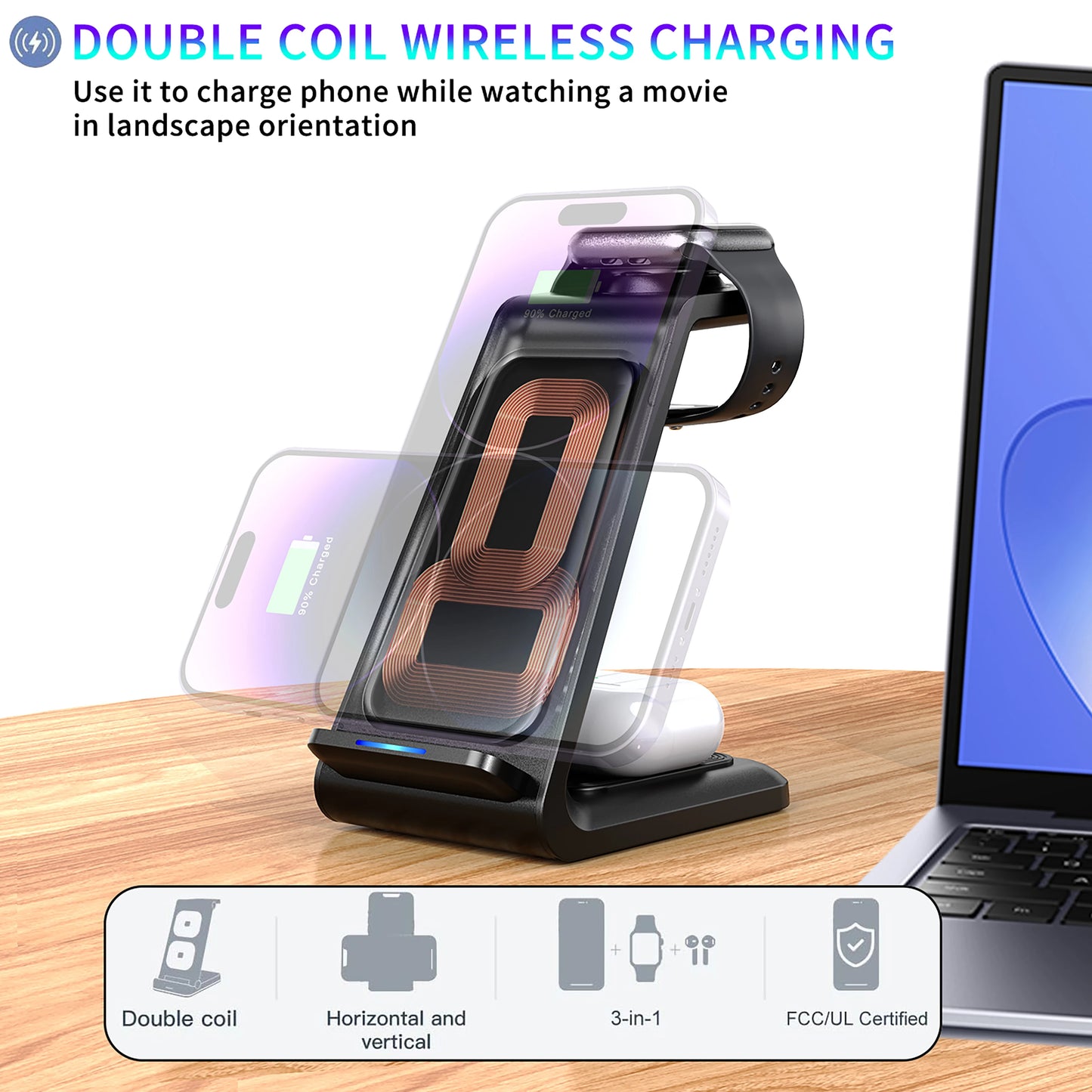 Wireless Charger iPhone Charging Station 3 in 1 Charger Stand Multiple Devices for iPhone 17 16e 16 15 14 Pro Max 13 12