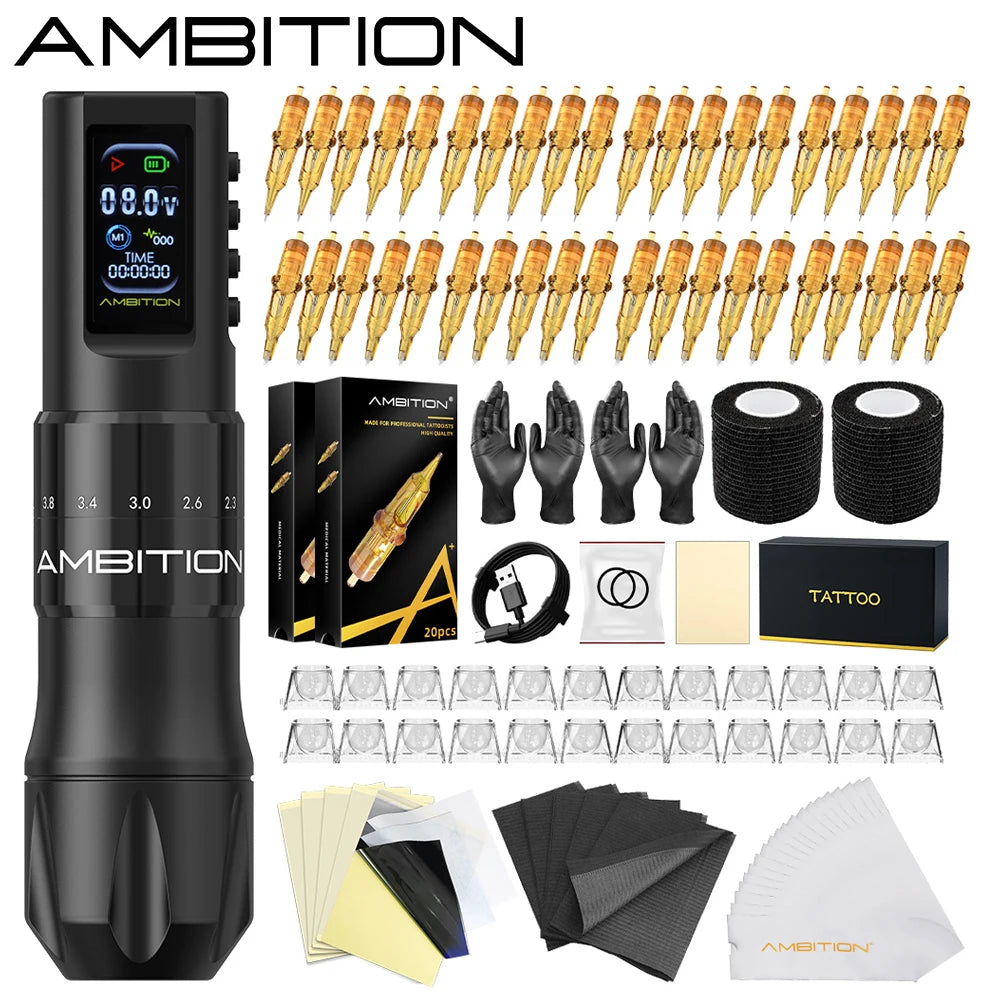 Ambition C2 Kit Wireless Tattoo Machine Pen 7 Adjustable Stroke Coreless Motor 1600mAh Battery Makeup Microplasty Pen For Tattoo
