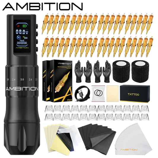 Ambition C2 Kit Wireless Tattoo Machine Pen 7 Adjustable Stroke Coreless Motor 1600mAh Battery Makeup Microplasty Pen For Tattoo