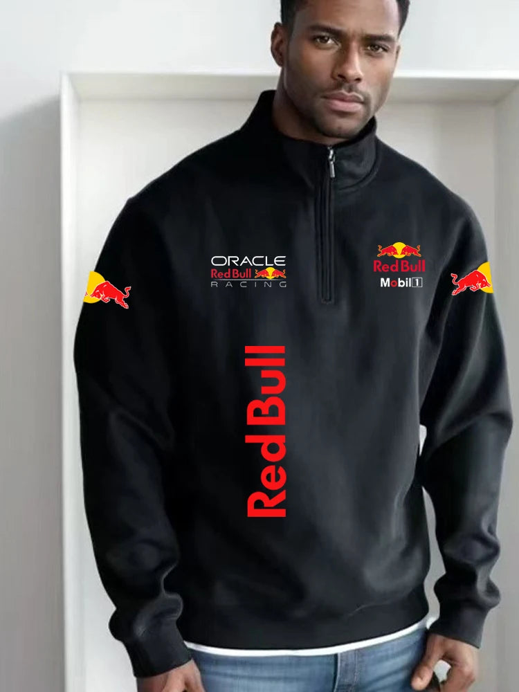 RedBull Logo Autumn-Winter Fashionable High-Neck Half-zip LongSleeved SolidColor Sport Shirt Thickened Men's Clothing Casual Top