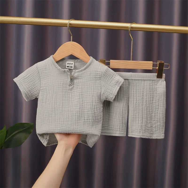 0-5Y Baby Summer Sets Solid Cotton Linen T-shirts+Elasctic Shorts Kids Clothes Casual Clothing Sets for Children Outfit Set