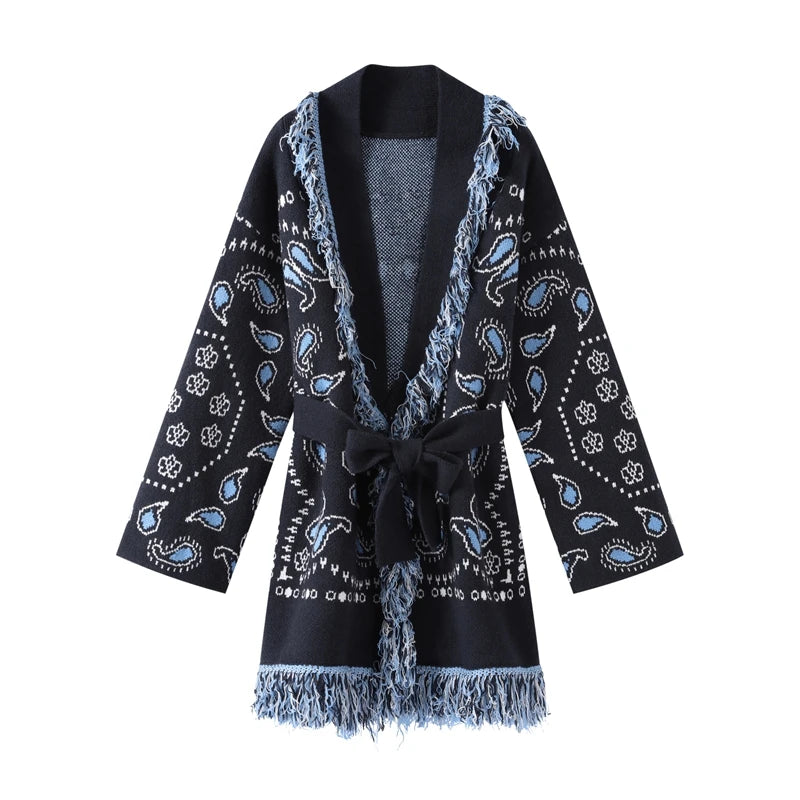 Women's Print Fringe Knitted Vest Coat Fashion Sleeveless Tie Waist Pocket Cardigan Sweater Lady 2025 Autumn Casual Outerwear