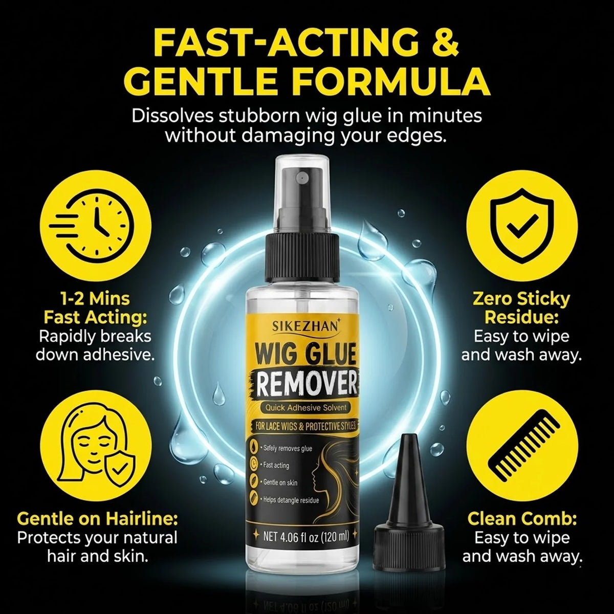 SIKEZHAN 120ml Wig Glue Remover Gentle Citrus Lace Adhesive Solvent Spray with Precision Tip for Toupee Hair Extension Tape