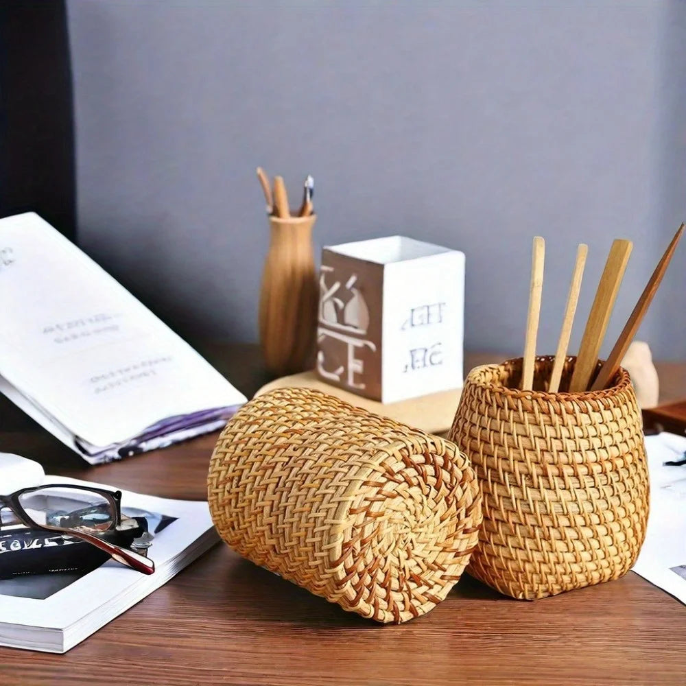 Rattan Pencil Holder, Handmade Wicker Pen Cup Makeup Brushes Holder, Woven Vine Desk Organizer Pen Container Box