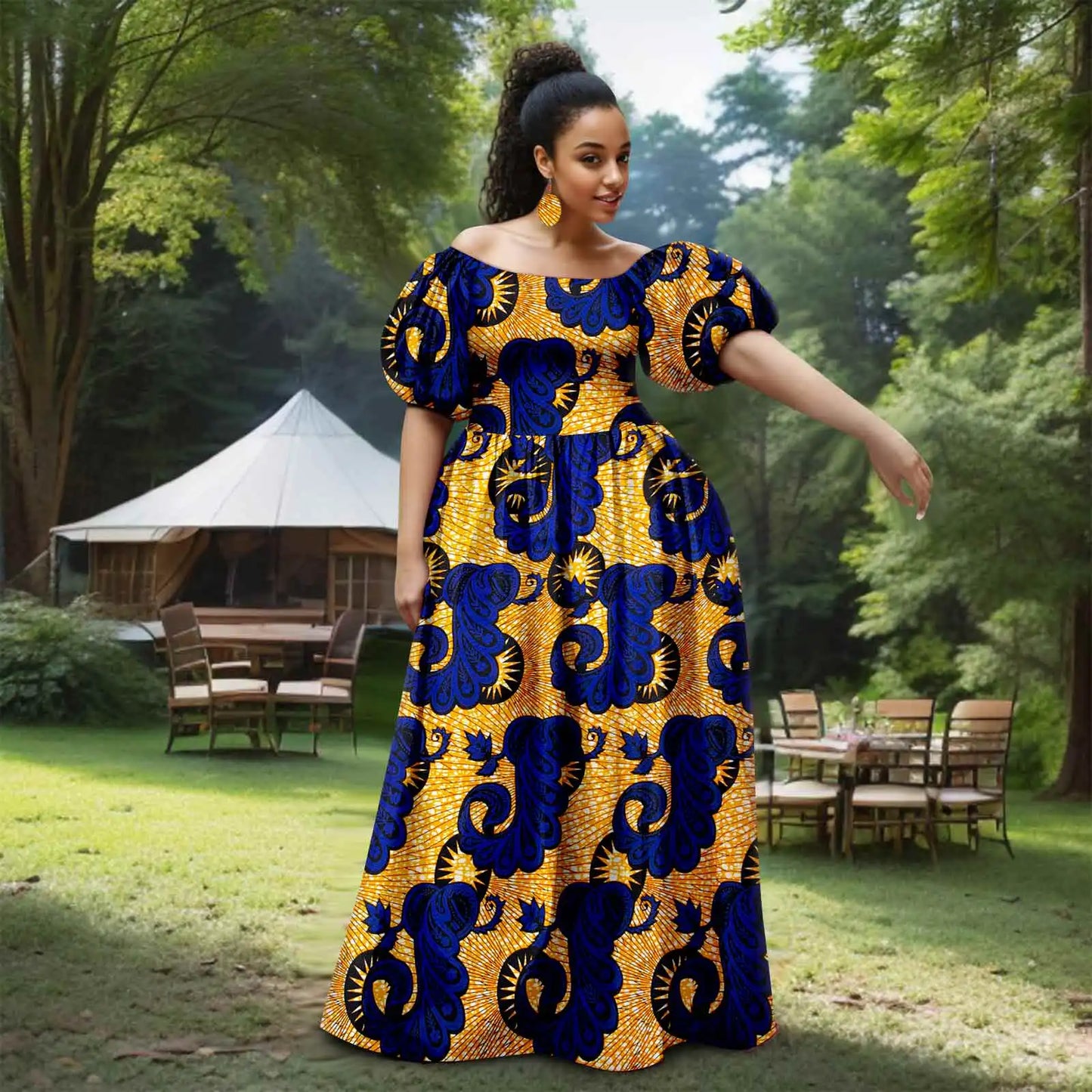 Afripride African Women's Dresses Sexy Strapless Bubble Sleeves With Same Color Earrings Women's Dresses 2525012