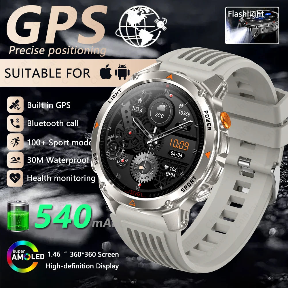 2025 New Outdoor Millitary Smart Watch Men GPS Positioning 540mAh Battery Waterproof Sports Fitness Tracker BT Call Smartwatch