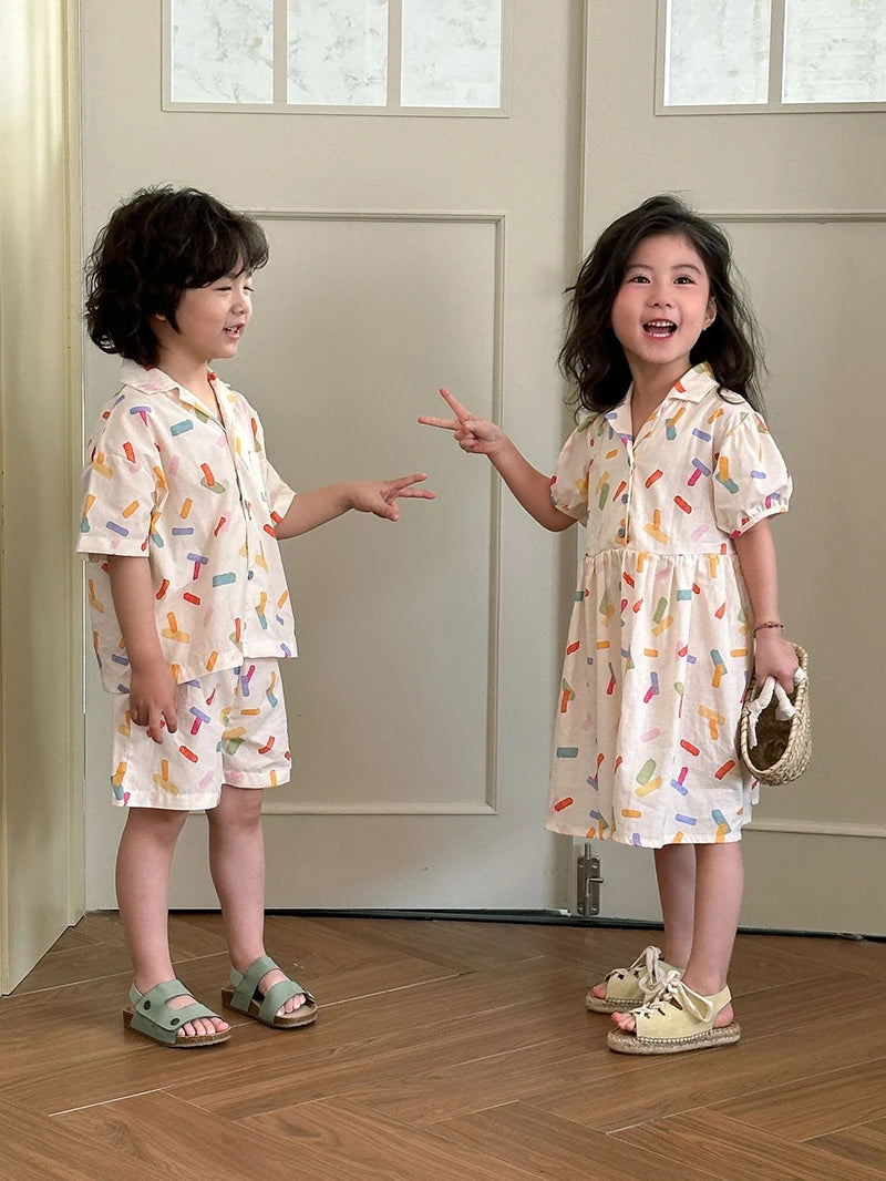 2025 New Vacation Style Cotton Kids' Summer Clothing Set Girls Sundress for 80 - 150cm Boys and Girls Sibling Outfits