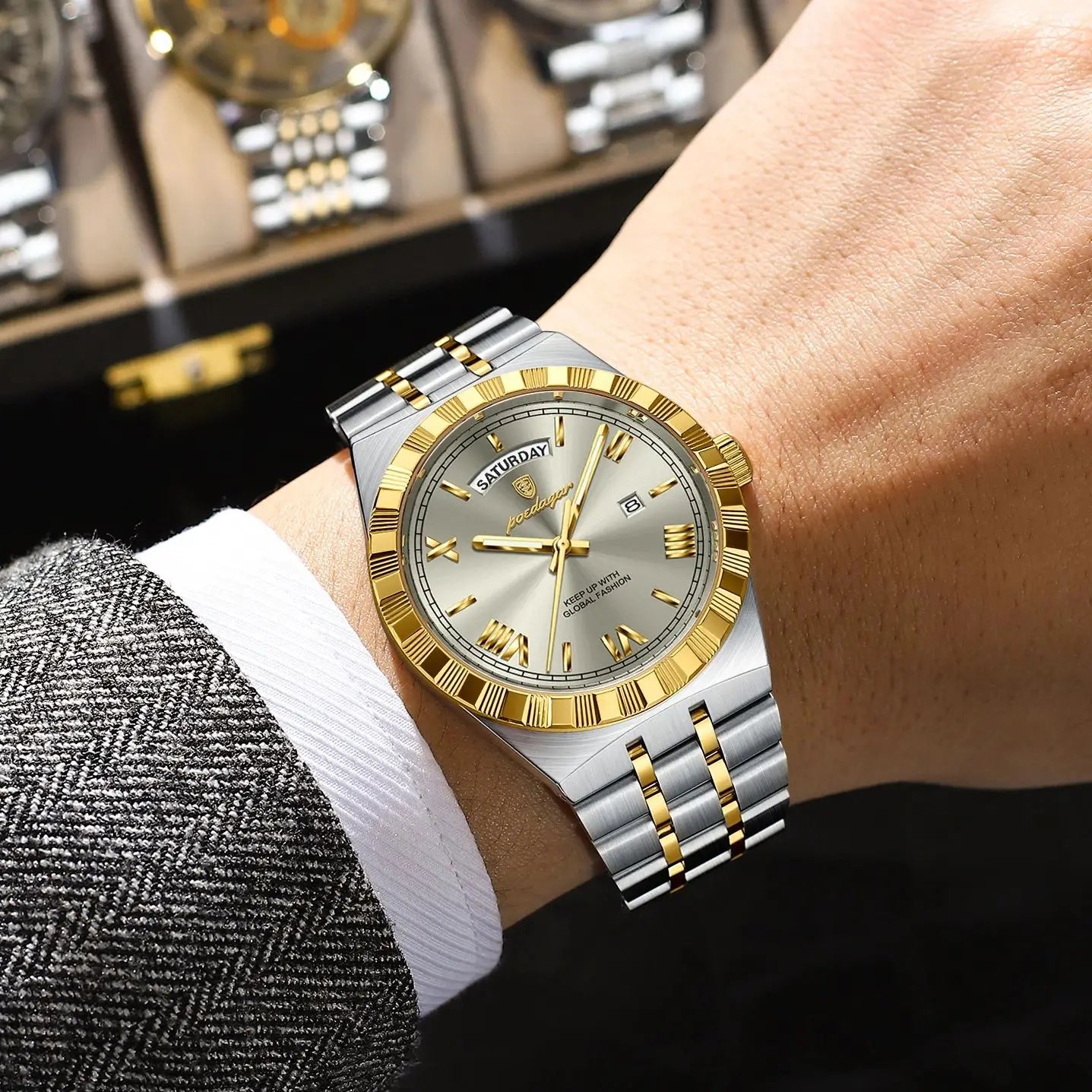 POEDAGAR Original Male Watch Luminous Waterproof Week Date Men Wristwatch Stainless Steel Business Quartz Men's Watches Gift+Box