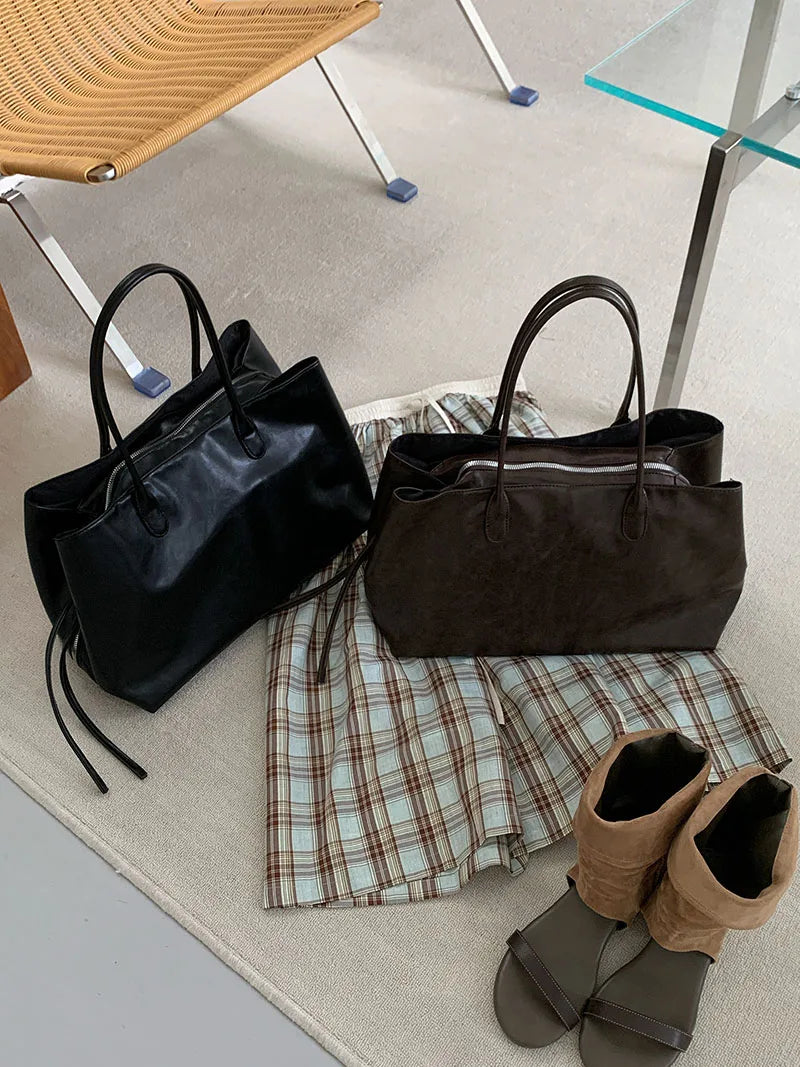 Women's PU Tote Bags Minimalist Large Capacity Multi Compartment Shoulder Bags Elegant Drawstring Commuter Handbags
