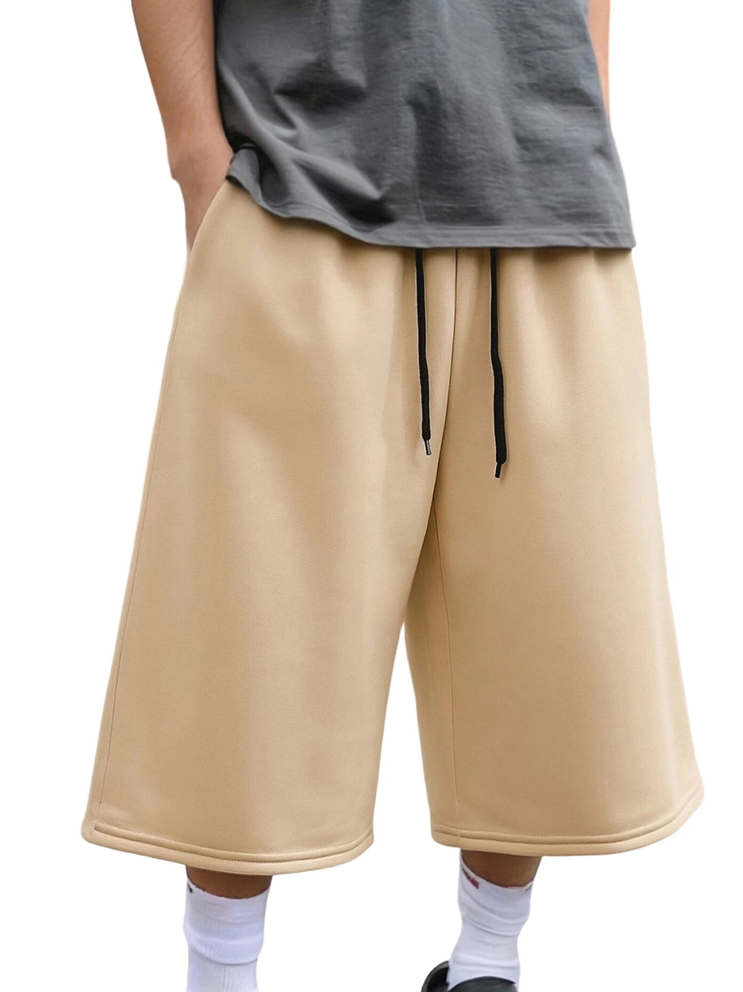 Men's Wide Leg Capri Pants Solid Color Casual 3/4 Length Drawstring Waist Sweatpants with Pockets for Sports, Gym