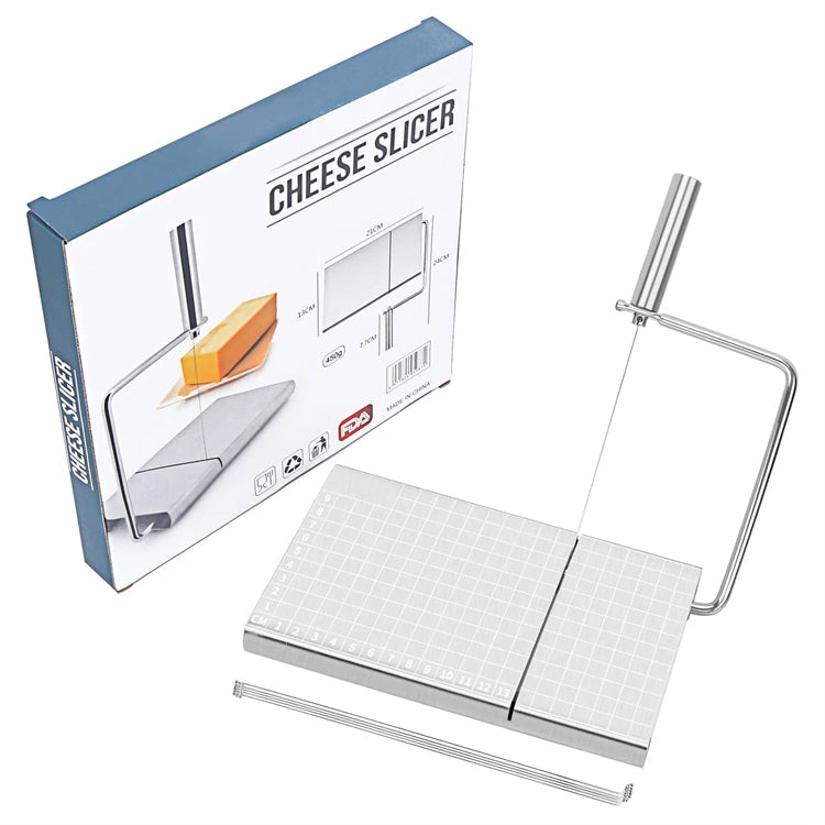 LMETJMA Cheese Slicers with Wire for Block Cheese Adjustable Cheese Cutter Board with 5 Replacement Wires Precise Scale JT53