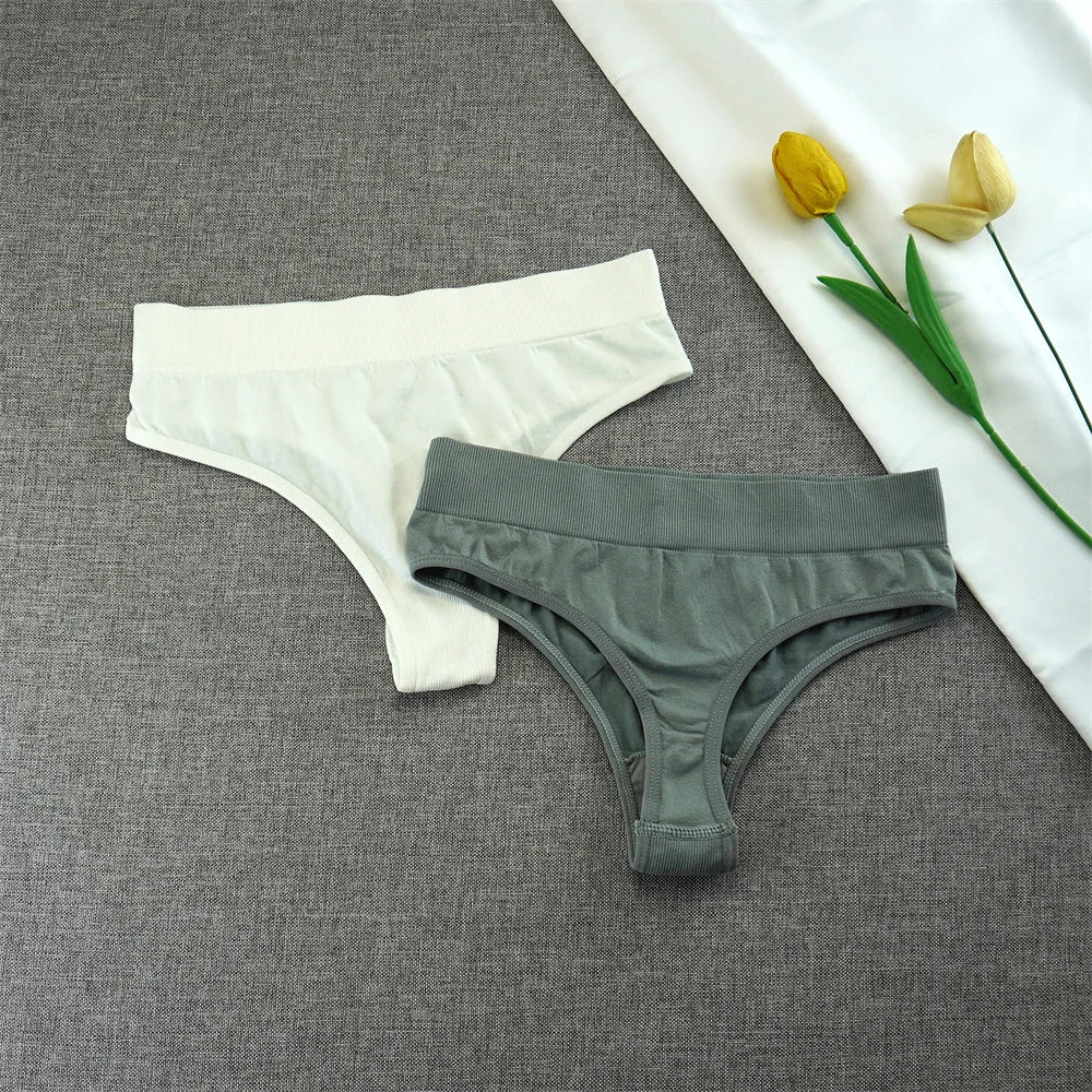 2pcs High Elastic Women T-back Seamless Plus Size Sports Underwear Solid Color Mid Waist Sexy Thong Europe Size S/M/L/XL/XXL