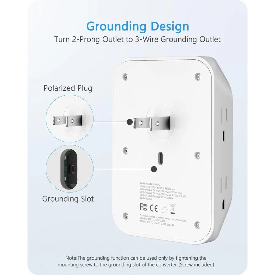2 Prong Power Strip 3 to 2 Prong Grounding Adapter 6 Outlet PD20W 2 USB A Port 1728J Surge Protector 3Sided Wide Spaced Extende