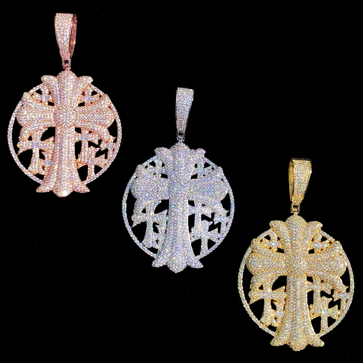 Aokaishen Iced Out Cross Disc Necklace Pendant for Women Real Gold Plated 5A Cubic Zirconia Hip Hop Jewelry