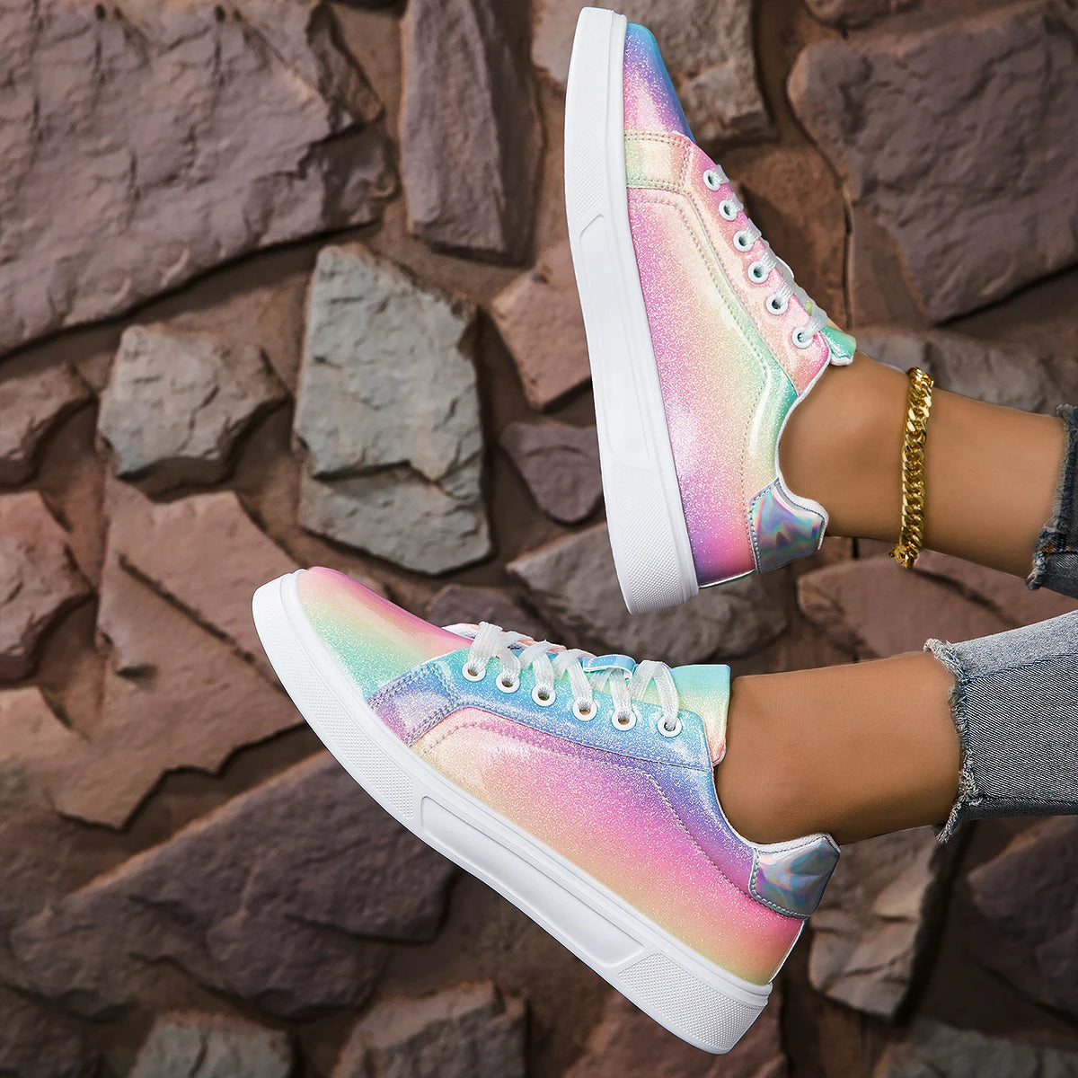 Women Shoes Spring Skate Shoes New Fashion Women Creative Rainbow Colors Sports Shoes Comfortable Tennis Sneakers