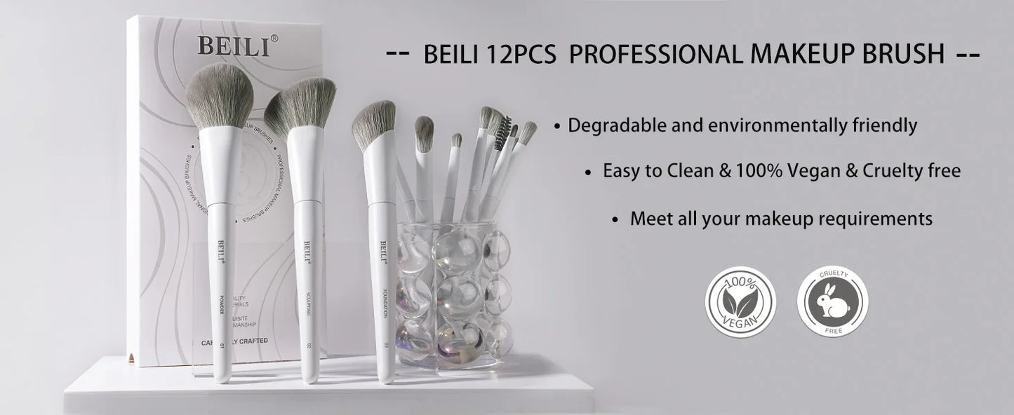 BEILI Vegan Professional Makeup Brush Set 12 Pcs Corn Bamboo Silk Angle Powder Foundation Eyeshadow Eyeliner Brushes Cosmetics