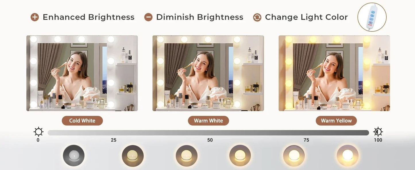 Vanity Desk, Makeup Vanity with Lights &amp; Charging Station and Ambient Light, Vanity Table with Dresser, Bedroom Furniture