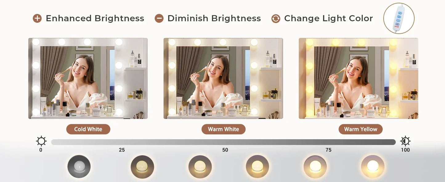 Vanity Desk, Makeup Vanity with Lights & Charging Station and Ambient Light, Vanity Table with Dresser, Bedroom Furniture