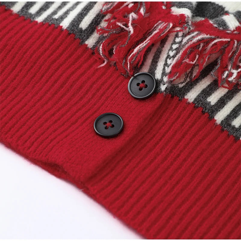 Women's Print Fringe Knitted Vest Coat Fashion Sleeveless Tie Waist Pocket Cardigan Sweater Lady 2025 Autumn Casual Outerwear