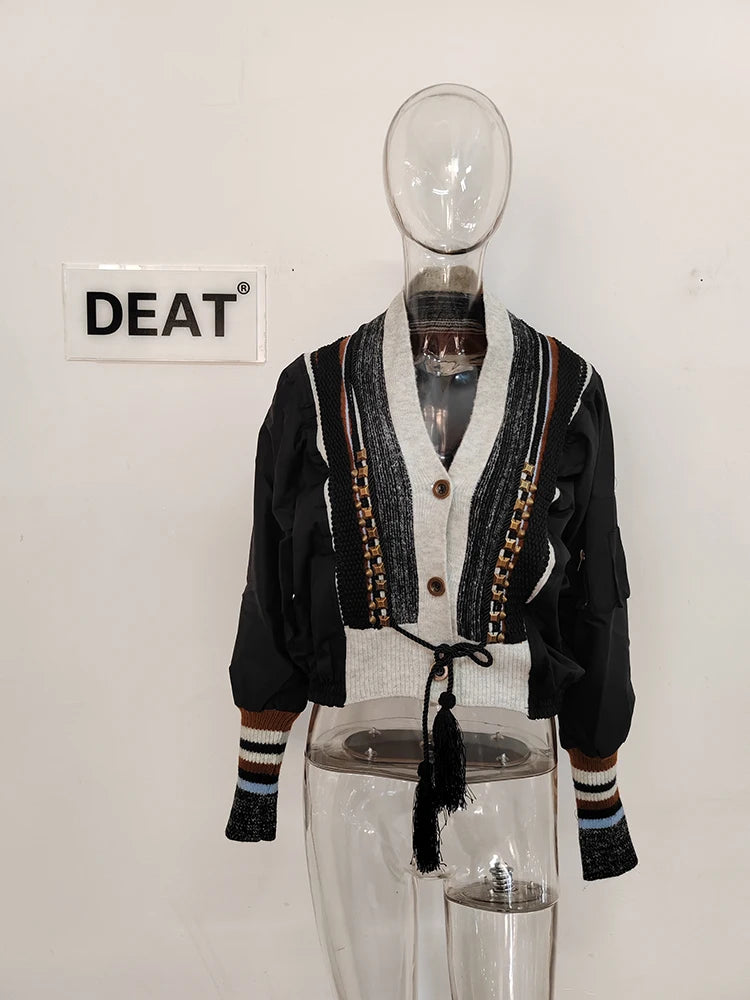 DEAT Fashion Women's Jacket Rivet Patchwork Tassel V-neck Long Sleeve Single Breasted Contrast Color Coat Spring 2025 New CP0361