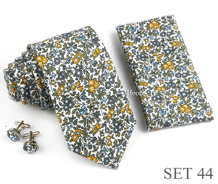 Hot Sell 3PC Chic Elegant Floral Tie Set Pocket Square Cufflinks For Men Women Wedding Party Dinner Suit Tuxedo Accessory Gift