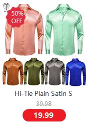 Hi-Tie Pure Black Silk Mens Shirts Plain Smooth Long Sleeve Formal Dress Blouse for Male Wedding Business Events Oversized Gift