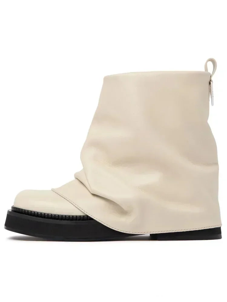 Women's New Autumn and Winter Calf Boots with Pleated Thick High Heels and Fashionable Oversized Street Leather Mid Leg Boots