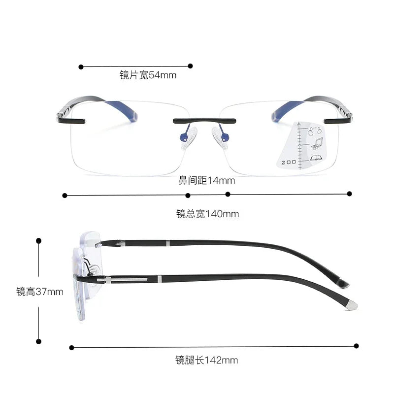 Rimless Photochromism Progressive Multifocal Reading Glasses Men Business Presbyopic Glasses Blue Light Computer Grade Glasses