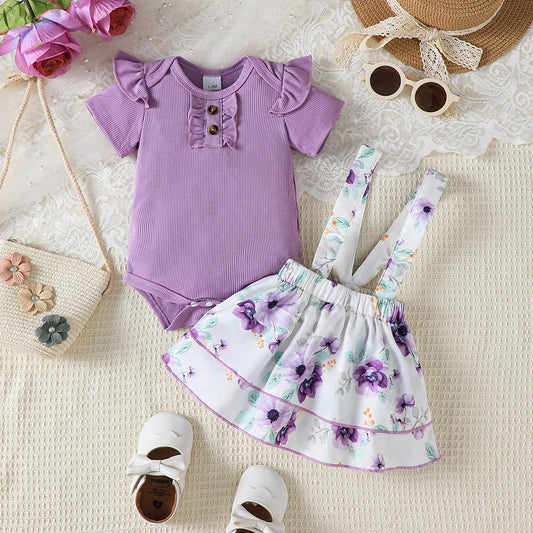 2Pcs/set of Baby Girl Flying Sleeve Top+Floral Suspender Skirt Fashionable Set for 0-18 Months Cute Baby girl Summer clothing