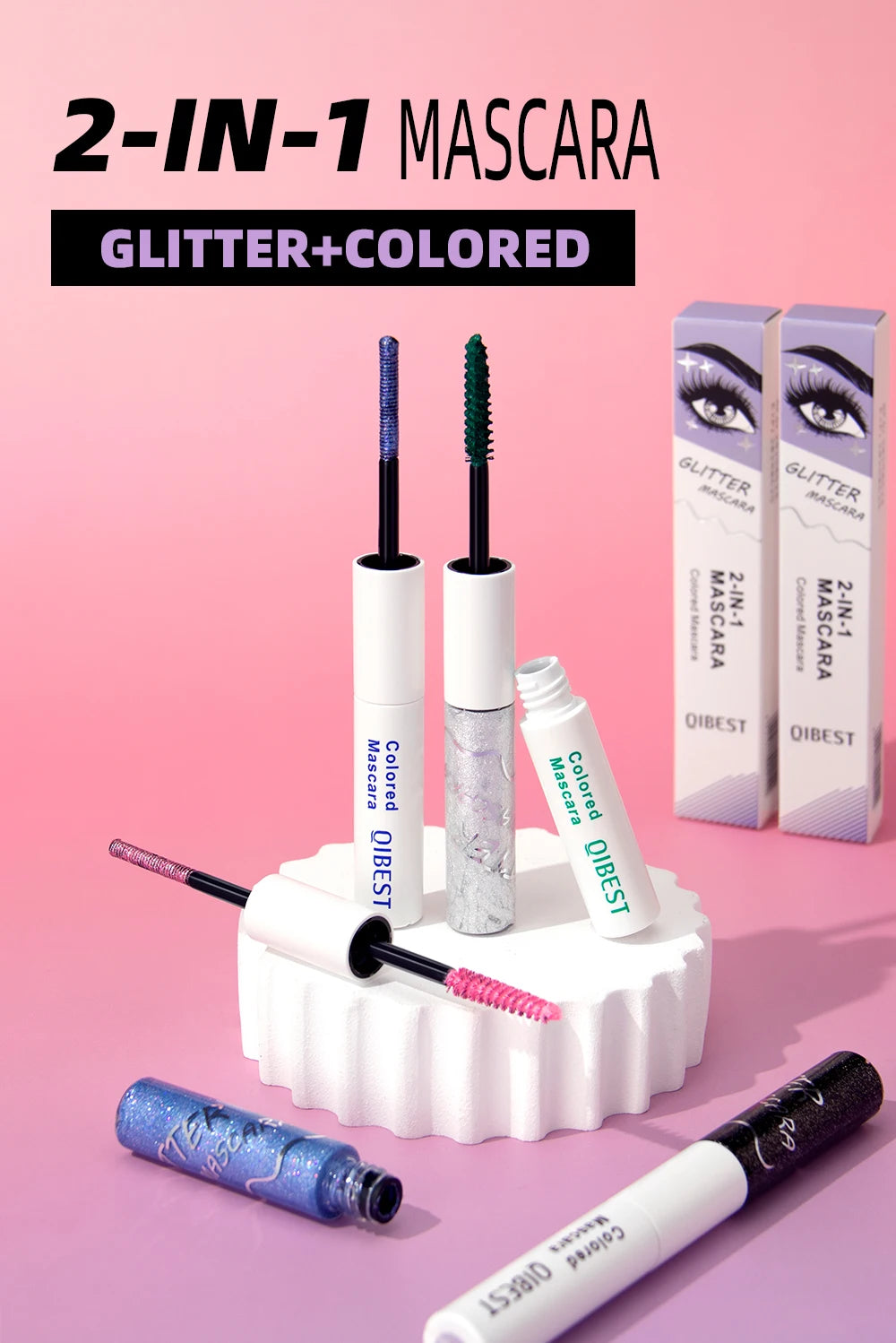 QIBEST Double Head Diamond Glitter Mascara Lasting Colored Mascara Eyelashes Pink Blue Green Red Brown Voluminous Mascara Rimel
