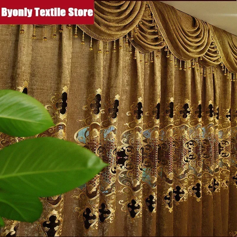 Embroidered Chenille Velvet Curtains for Living Room Bedroom European Modern Brown Gold Sheer Tulle Windows Backdrop Valance
