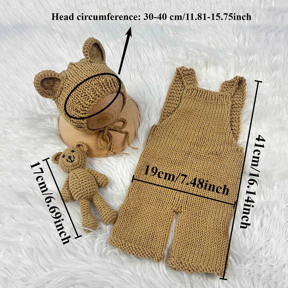 3pcs Baby Cute Costume Newborn Photography Props Crochet Knitted Bear Ear Hat, Bear Doll and Overalls Sets Studio Photos Outfits