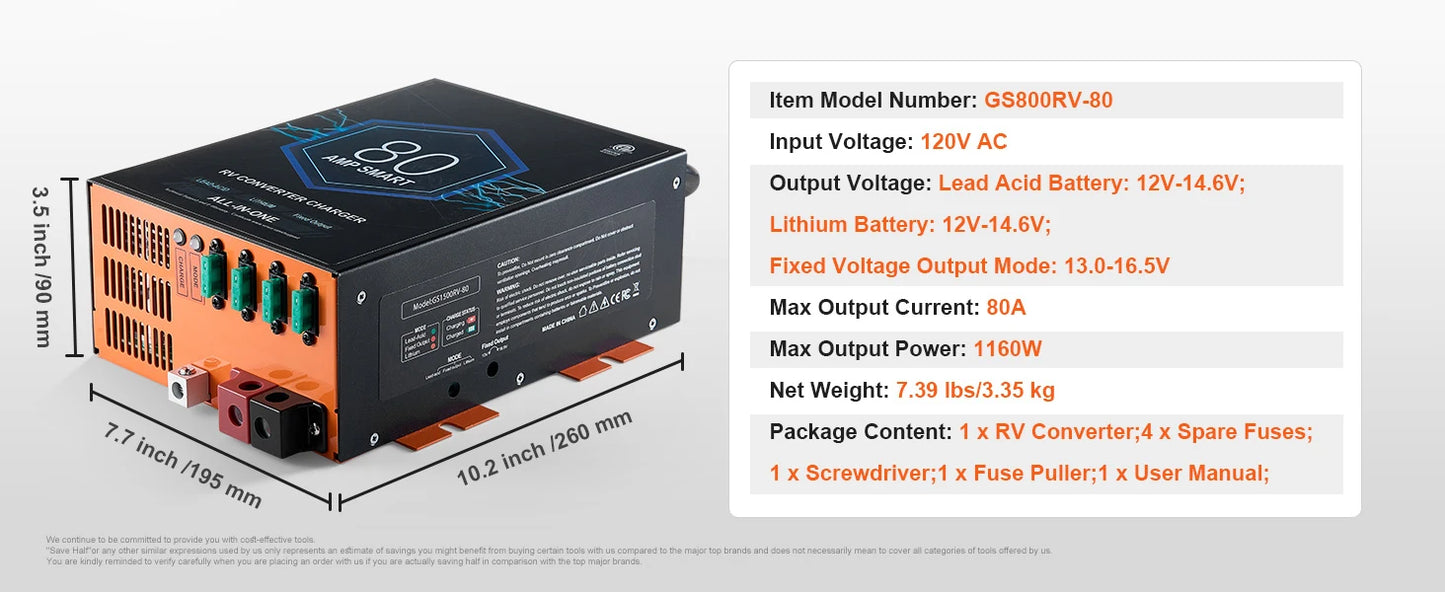 SucceBuy RV Converter 45/55/80Amp 110V AC to 12VDC Battery Charger 4Stage Smart Charging 13V to 16.5V Adjustable Operating Range