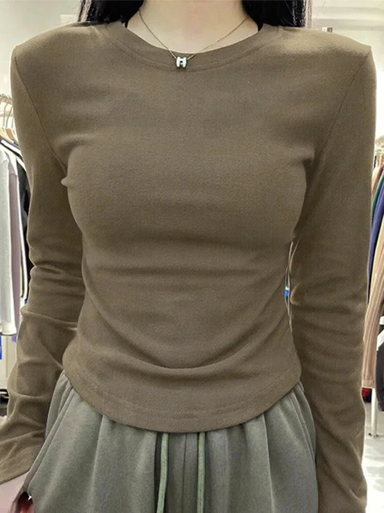 Women's Long Sleeve T-shirt Winter Brushed Slimming Short TeesShoulders Pure Desire Aesthetic Fitted Waist Base Layer Top Shirt