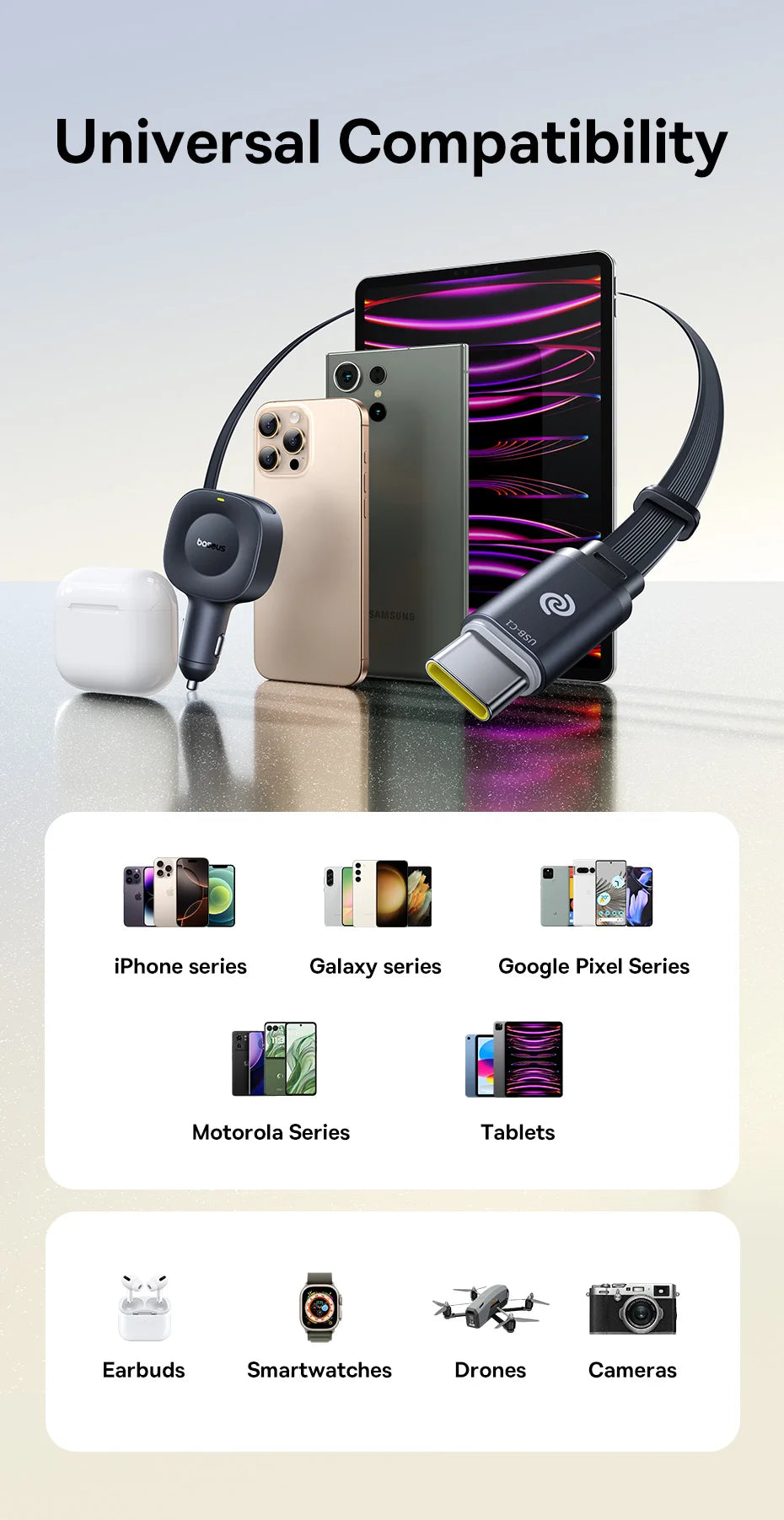 Baseus 30W Car Charger USB-C Type-C Retractable Fast Charging Car Phone Charger Adapter