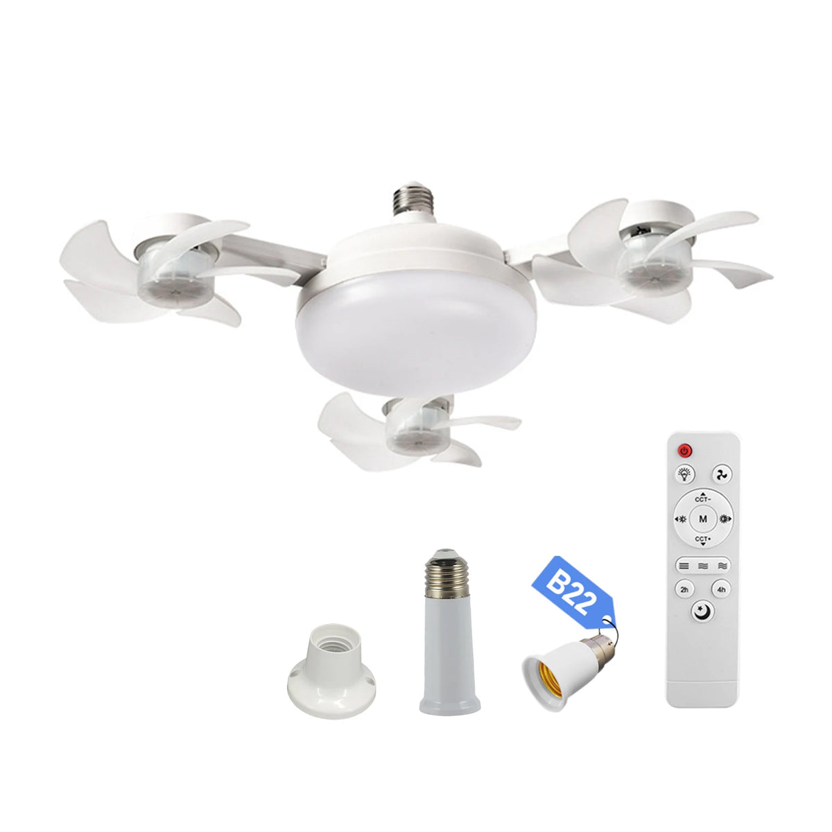 E27 Dimmable LED Socket Drone Fan Light with RC & Extension Rod 2 In 1 Hanging Fans 3-Speed for Bedroom Kitchen Working Space