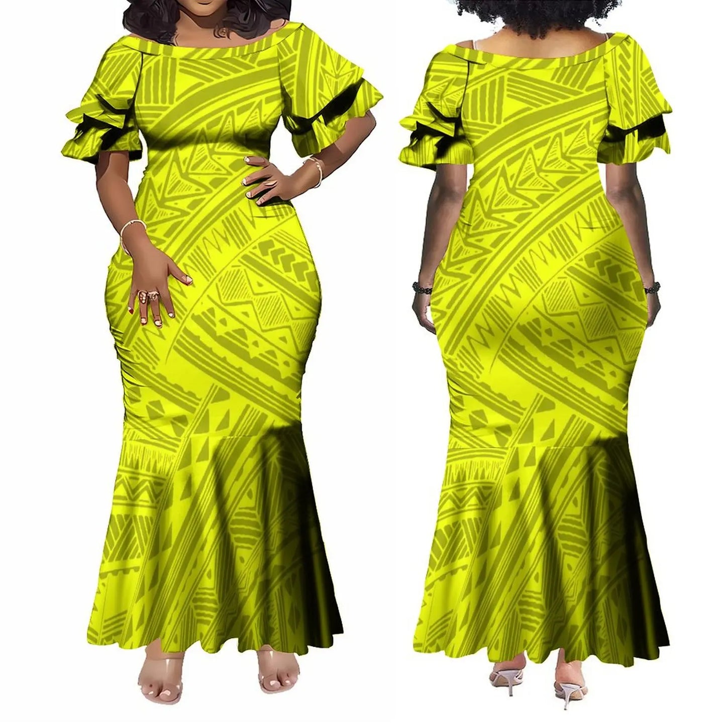 Custom Polynesian Tribal Couple Set Samoan Women'S Temperament Slim Dress Women'S Mermaid Maxi Skirt Men'S Shirt