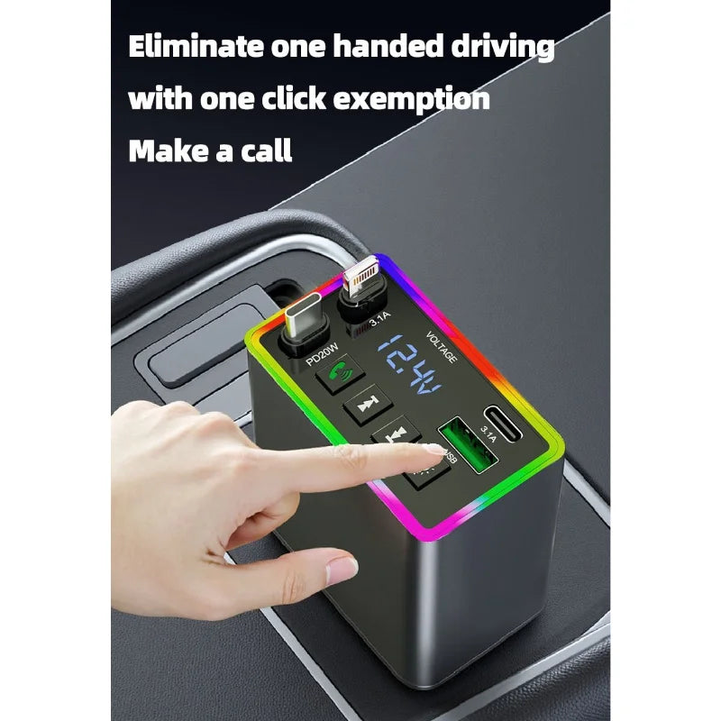 M38 FM Bluetooth MP3 Transmitter 4-in-1 120W Fast Charge Retractable Cable Car Charger with Colorful Light Built-in Media Player