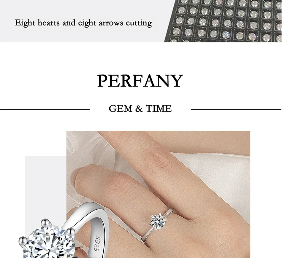 PERMANY 0.3-2CT Moissanite Ring for Women S925 Pure Silver Classic Six Claw Laboratory Diamond Wedding Ring Fashion Jewelry