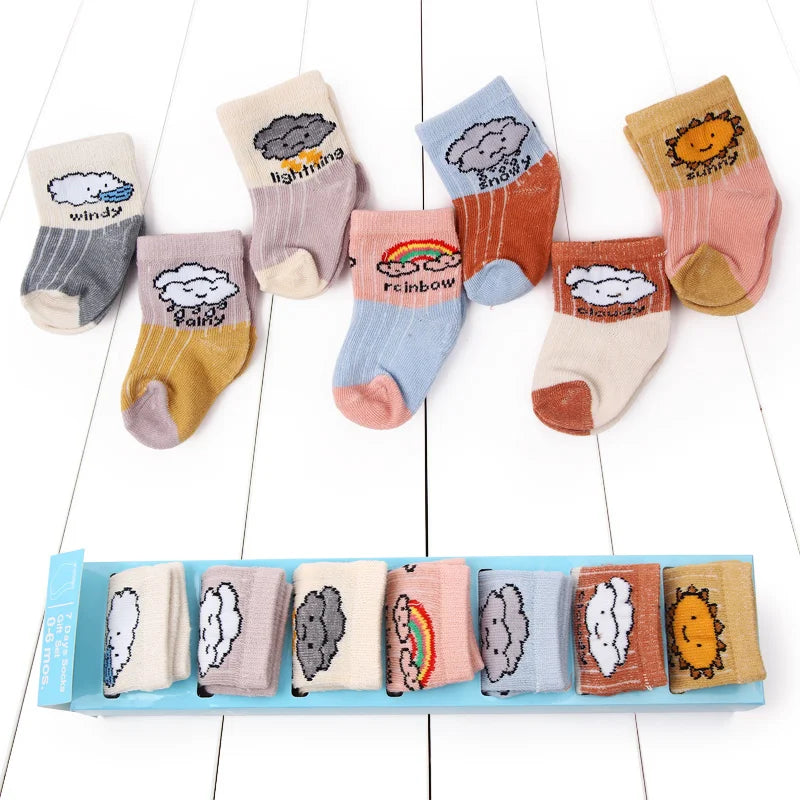 7 Pairs Set for Baby Socks Soft Cotton Cute Animal Smile Face Spring and Autumn for 0-6 Months Toddler Boys and Girls W0040W0052